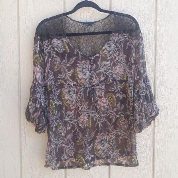 BCBGMaxAzria Top Sheer Silk Botanical Peasant Balloon Sleeve Brown Pink Sz S - Picture 4 of 13
